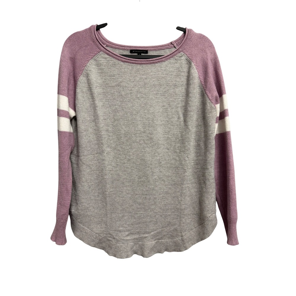 Staccato Womens Grey Mauve Raglan Stripe Sleeve Curved Hem Sweater Large 51953A
